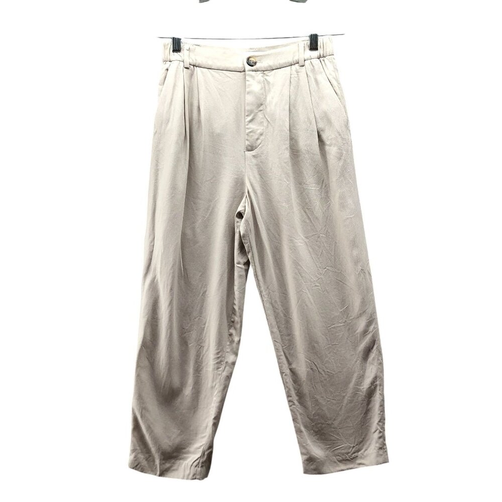 Zara Pleated Front Crop Pants Womens XS Beige Crepe High Rise Relaxed Trouser